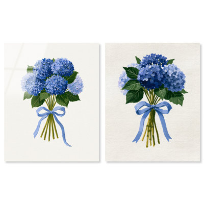 Ensemble de 2 tableaux encadrés « Bouquet bleu » (impression acrylique), par Art Remedy, cadre doré, 36 x 45 cm.