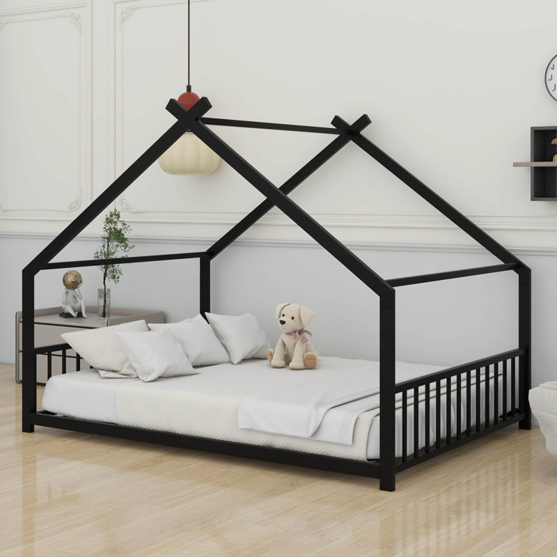 Lit de plancher avec toit pour filles, cadre de lit en métal avec tête et pied de lit, Lit double, Noir