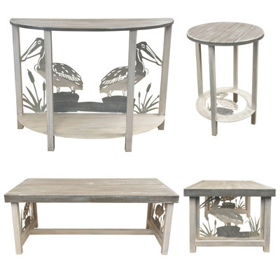 DOCKSIDE PELICAN Table Set. 1- Rounded Sofa Table, 1- Rectangle Coffee Table, 2- Round Iron End Tables