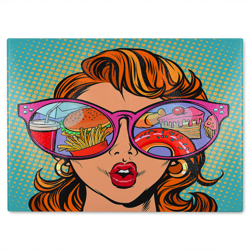 Fast food and sweets in the reflection Designer Glass Chopping Board, 40cm L x 28cm W