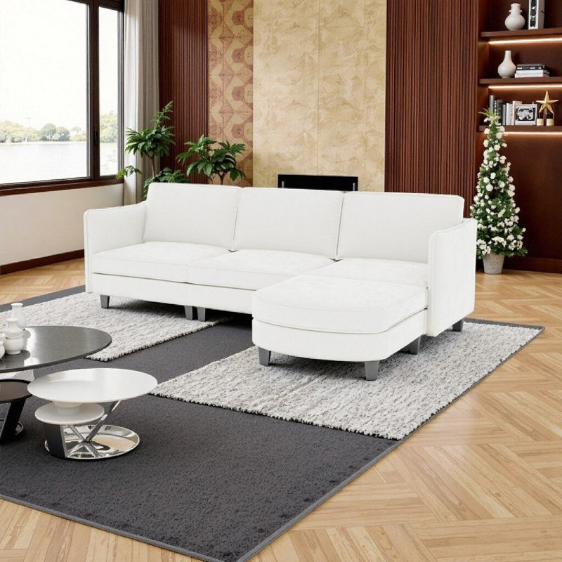 Canapé en L à 3 places avec repose-pieds mobile, canapé-lit en tissu, Beige