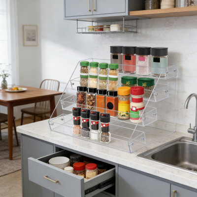 Clear Acrylic Tiered Spice Rack Organizer With 4 Vertical Shelves For Countertop, Cabinet, And Pantry Kitchen Storage