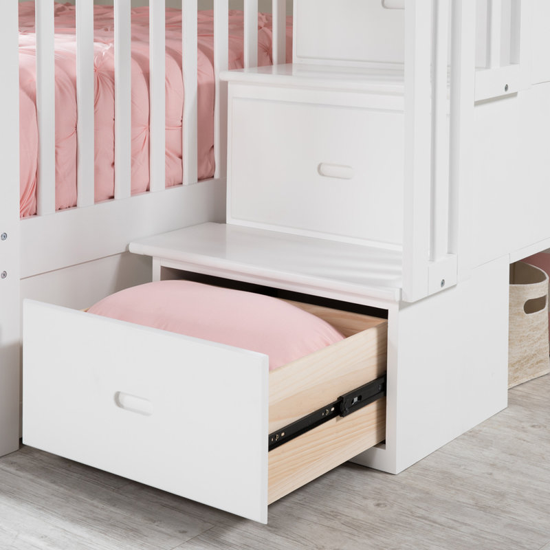 Blaisdell Solid Wood Storage Staircase Bunk Bed with Raised Panel Roll Out Trundle, Twin over Twin, White