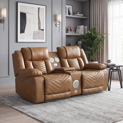 Causeuse inclinable électrique en similicuir de 78 po Marlow avec haut-parleurs sans fil, charge USB, éclairage DEL, porte-gobelets et rangement dissimulé.