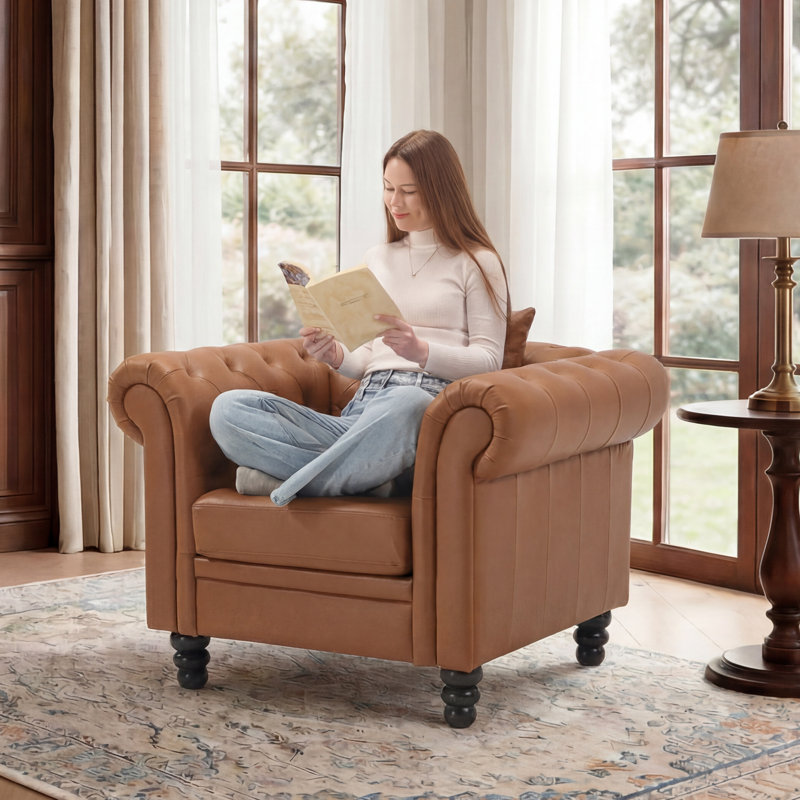 Fauteuil Chesterfield de 42,52 po Fynlie, Similicuir brun