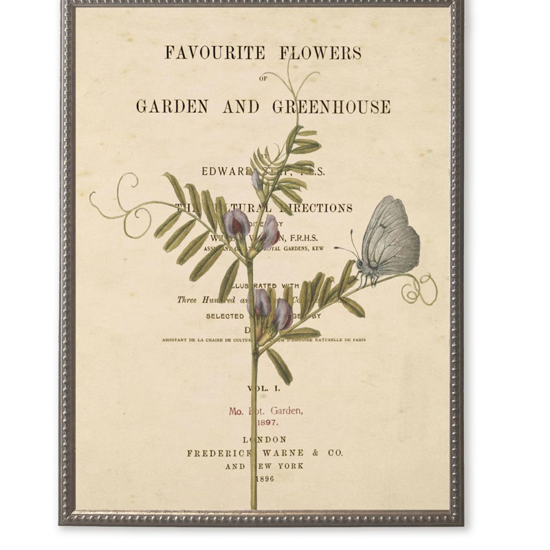 Fleurs mauves et papillon de nuit sur une page de livre dans un cadre perlé argenté