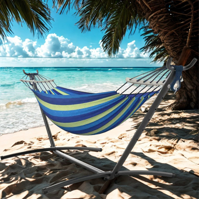Balançoire de plage portative en toile de coton avec hamac en bois et sac de transport, Bleu