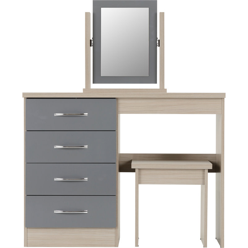 Cascio Dressing Table Set with Mirror, Grey Gloss/Light Oak Effect Veneer