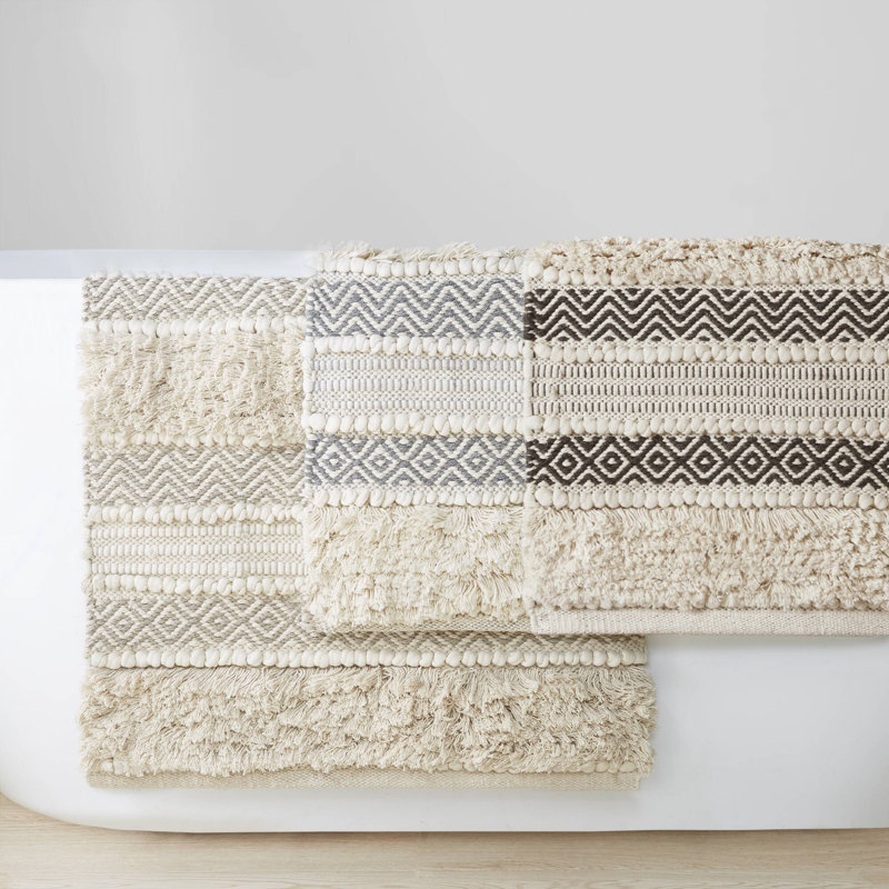 Nordic Shaggy Beige and Black Cotton Blend Bathroom Rug