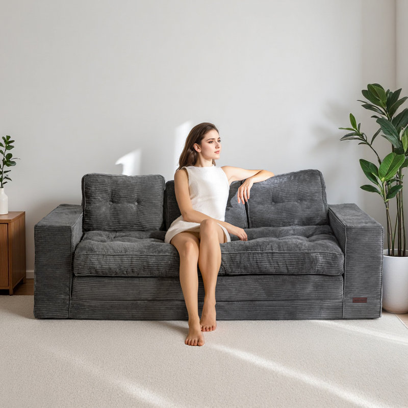 Canapé Bean Bag, causeuse de plancher, Velours côtelé gris foncé, H 29,5 po x l 55,5 po x P 32 po