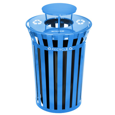 38 Gallon Outdoor Commercial Metal Slatted Trash Can Receptacle with Rain Bonnet Lid