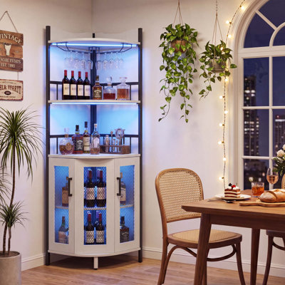 Corner Bar Cabinet with LED Lights and Power Outlets, 5-Tier Wine Rack and Glass Holder Storage