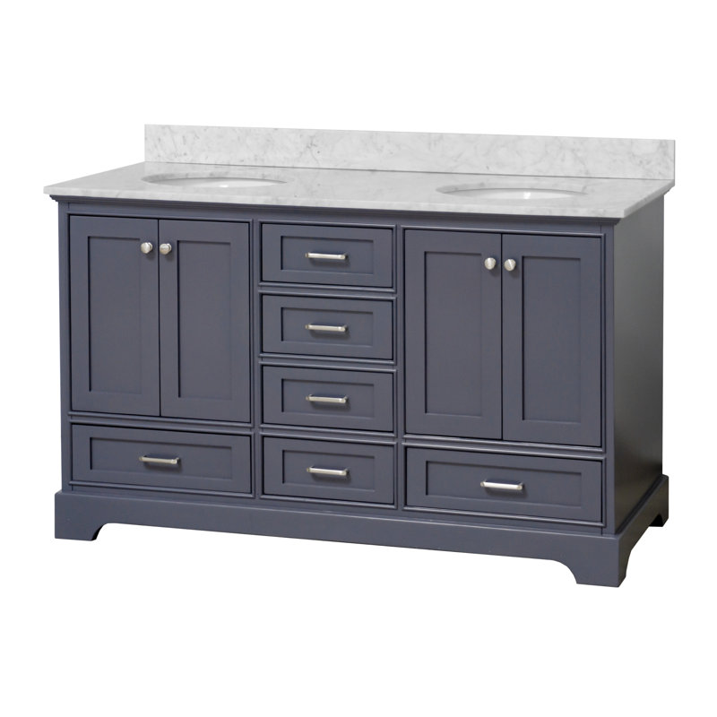 Ensemble de meuble-lavabo double 60 po Larosa, Gris marine, Marbre de Carrare