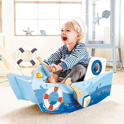 Hape: Bateau à bascule Captains - Chaise berçante en bois avec siège à bascule, rameurs et volant, jouet de remorqueur à thème bord de mer nautique, bébés et tout-petits de 1 an et plus