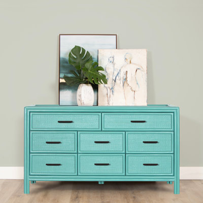 blue wicker dresser 3-Drawer Dresser with Rattan Decorated Chest, 30.71" H Modern Accent Storage Cabinet with Metal Handle, Free Standing Sideboard for Bedroom Living