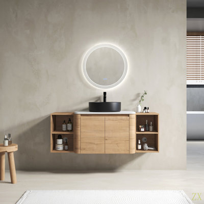 Meuble-lavabo mural 54 po avec lavabo d'art en céramique et 2 tablettes de rangement, 2 portes à fermeture en douceur, emballage KD, contreplaqué