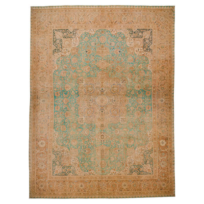 Tapis beige / vert unique de 9 pi 9 po x 12 pi 9 po années 1990