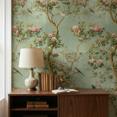 Papier peint floral rétro avec oiseaux