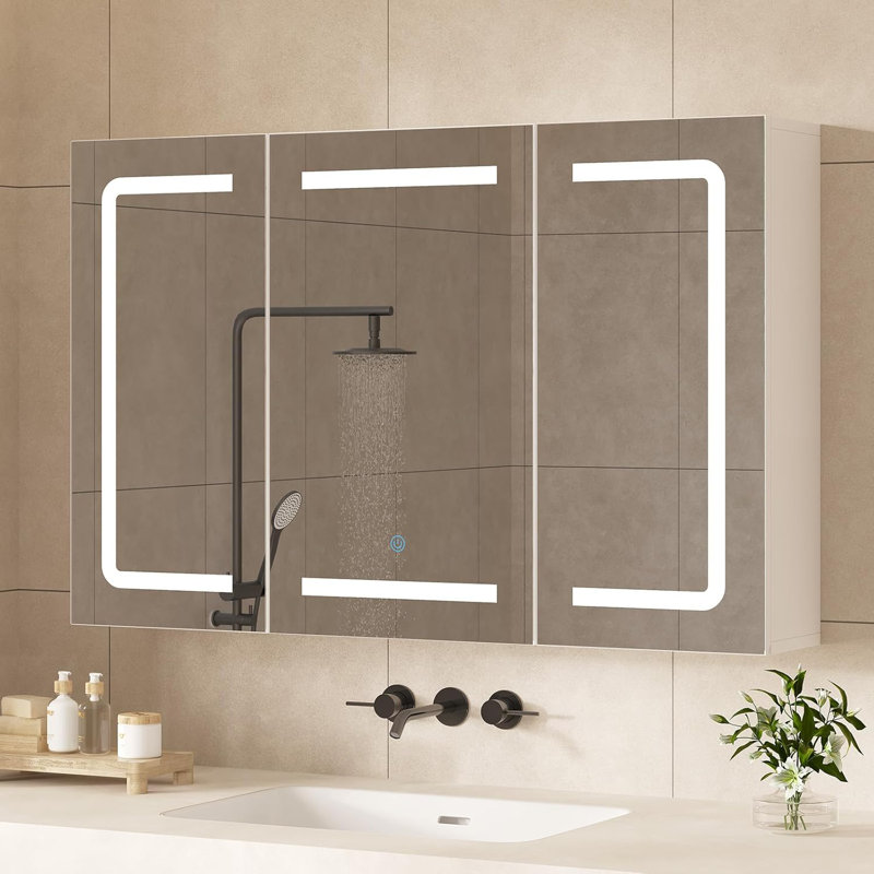 Medicine Cabinet Organizer With Mirror, Lighted Bathroom Medicine Cabinet With Storage, 3 Doors Bathroom Wall Cabinet With Led Lights, Adjustable Shelves & Outlets, 39.4'' X 23.6'', White