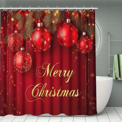 4Pcs Merry Christmas Shower Curtain Set, Christmas Fabric Polyester 12 Hooks Shower Curtain With Non-Slip Bathroom Rug, Toilet U-Shape Mat, Toilet Lid Cover Pad, Machine Washable Bathroom Accessories, Bathroom Christmas Decor