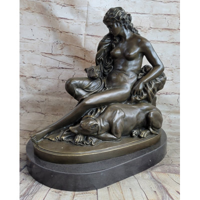 Avena Nude Woman Female Figure w/ 2 Guard Dogs Bronze Statue Sculpture Greek Roman Decor