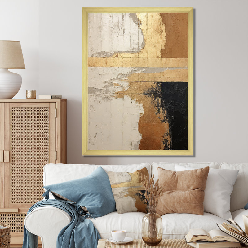 Abstrait abstrait "Beige Gold Road Collage IV", art mural abstrait sur toile, Cadre doré simple, H 40 po x l 30 po x P 1,5 po