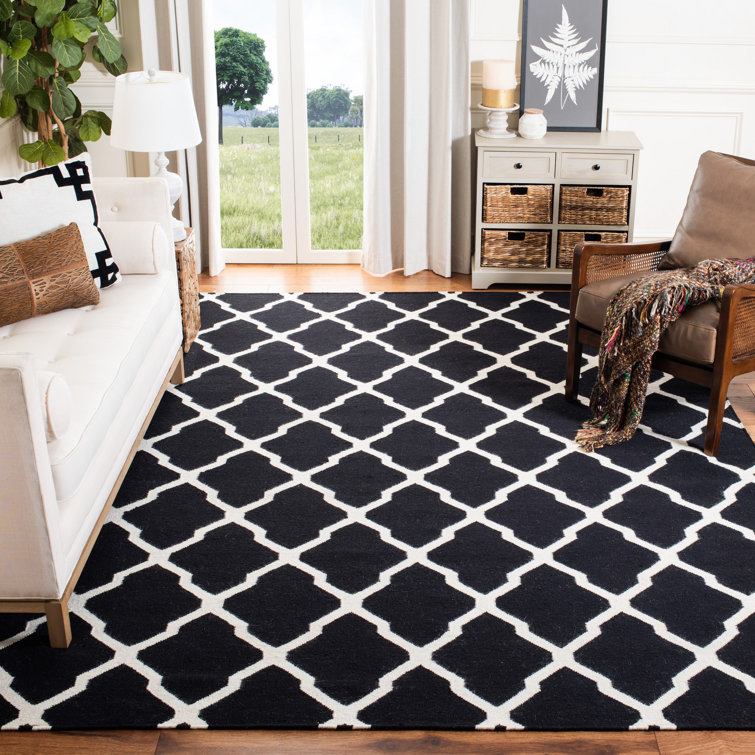 Rodgers Hand Woven Flat Weave Wool/Cotton Geometric Rug in Black/Ivory