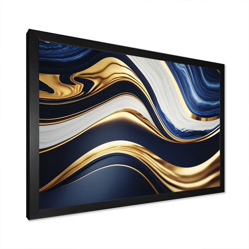 Géode abstraite des vagues bleues et dorées - impressions sur toile abstraites, Cadre simple noir, H 12 po x l 20 po x P 1 po
