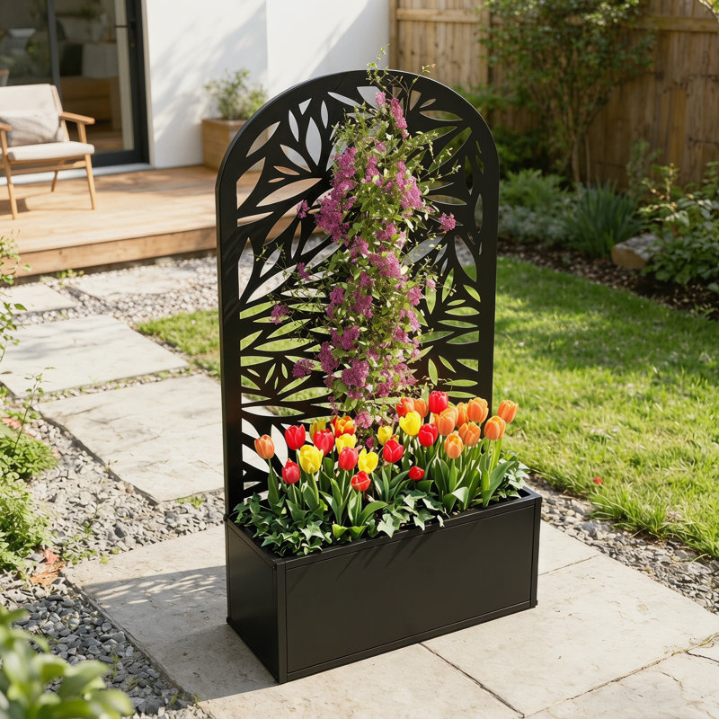 Lit de jardin surélevé courbé en métal avec treillis d'intimité, jardinière pour plantes grimpantes, balcon de patio