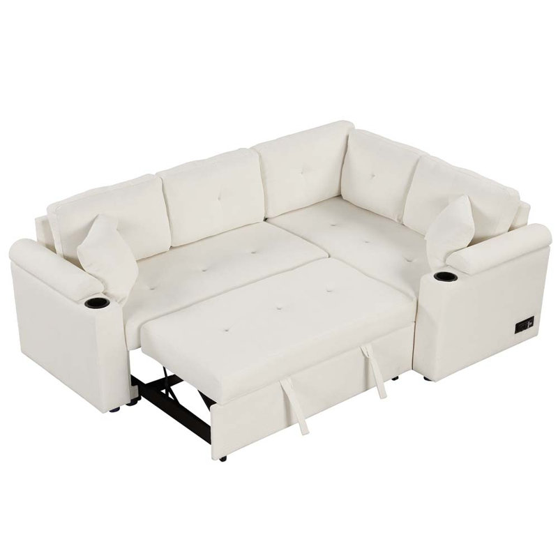 Canapé-lit modulaire rembourré en L 2 pièces avec roulettes et ports USB, Beige Boucle
