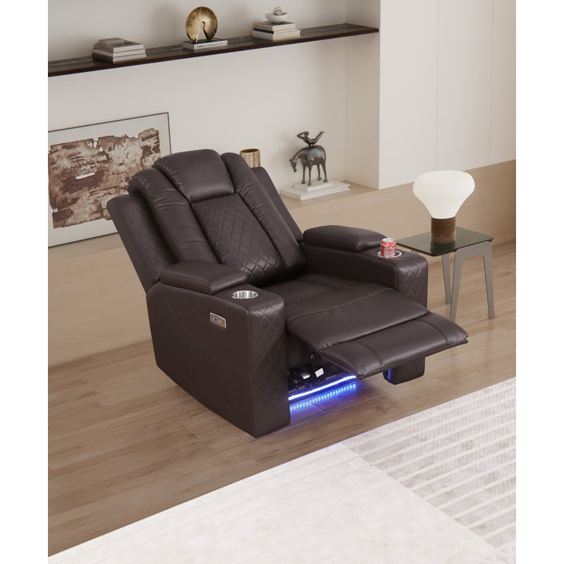 Power Pu-leather Recliner Single Chair With In-arm Storage & Led Base Lights, Brown