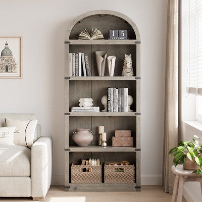 Bibliothèque arquée à 5 niveaux en bois pour le salon, la chambre à coucher, le bureau - bibliothèque de ferme moderne de 71,65 po de hauteur, tablettes ouvertes et de rangement - gris