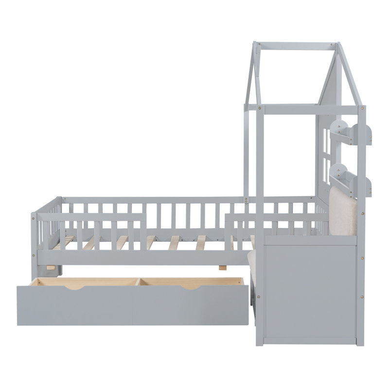 Lit simple avec canapé, lit plateforme pour enfants avec deux tiroirs et tablette de rangement, gris
