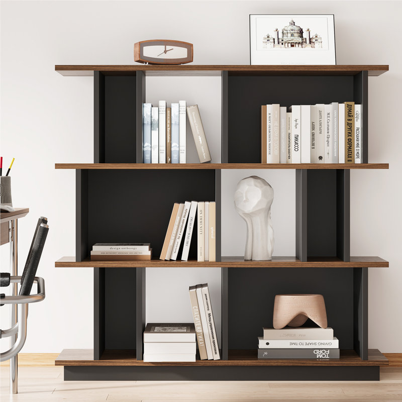 Modern 43.4''H x 51''W Geometric Bookcase, Wooden Wide Room Divider Bookshelf with Storage, 3 Tier Open Decorative Display Shelf in Black Walnut