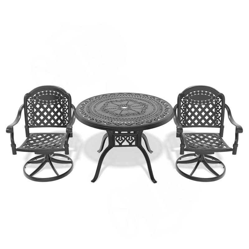 Ensemble de salle à manger 3 pièces en aluminium coulé toutes saisons comprenant 2 chaises pivotantes et une table ronde de 39,37 po avec structure noire