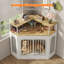 Meuble de coin 2-en-1 pour chien avec porte en arche, meuble télé et table d'appoint, fer et bois robustes, capacité de 200 lb, blanc-131585480