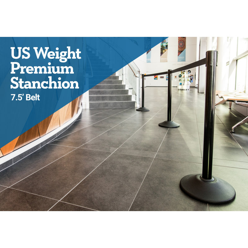 US Weight Heavy Duty Premium Black Steel Stanchion with Caution 7.5-Foot Retractable Belt- 6 PK