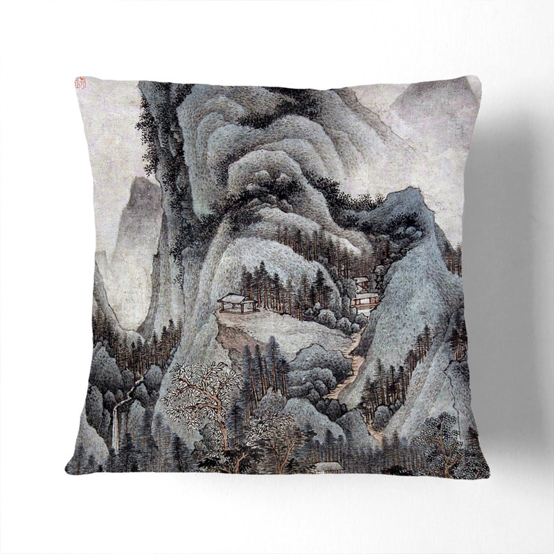 Mountain Scenery by Wang Jian Cushion with Filling, 55cm H x 55cm W x 20cm D, Stone