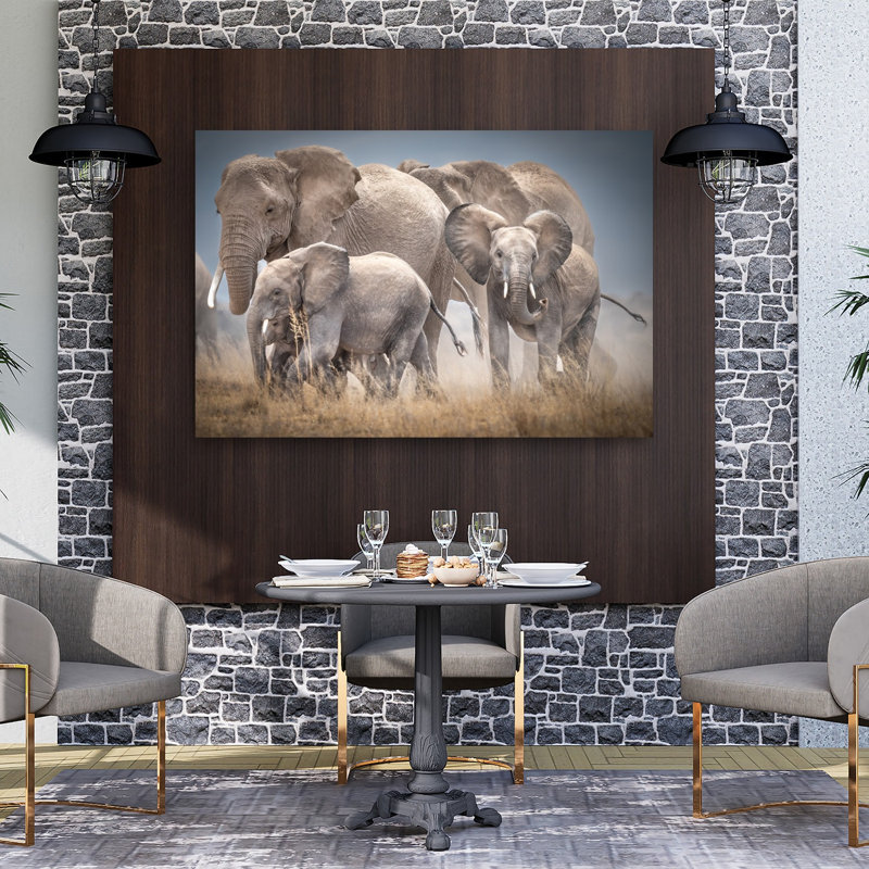Wild Elephant Family Contemporary Elephant Nature Wildlife Wall Art Print by Jeffrey C. Sink - 1 Piece Wrapped Canvas Wall Art