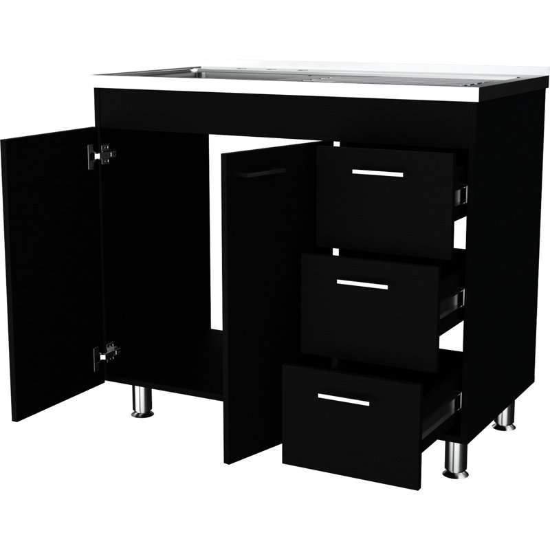 Armoire de cuisine noire avec 3 compartiments de tiroir et 2 portes - Tiroirs maximisant l'espace pour un rangement pratique