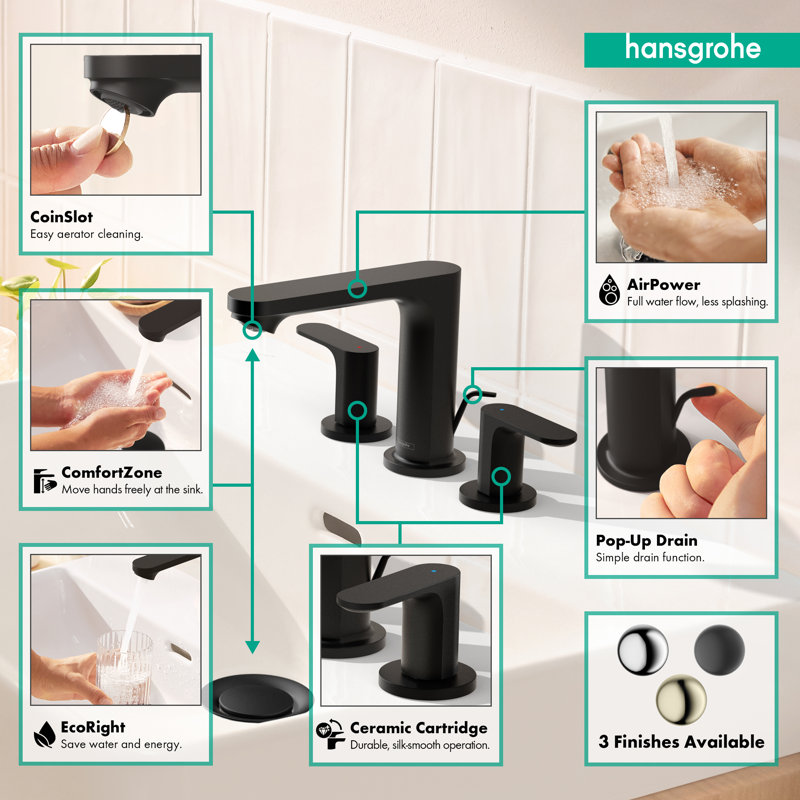 Rebris S Widespread Bathroom Faucet with Drain Assembly, Matte Black
