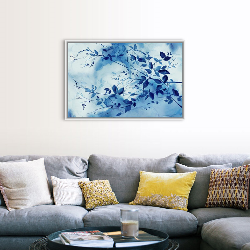 Indigo Branches, art mural sur toile, Toile avec cadre blanc, H 34 po x l 50 po