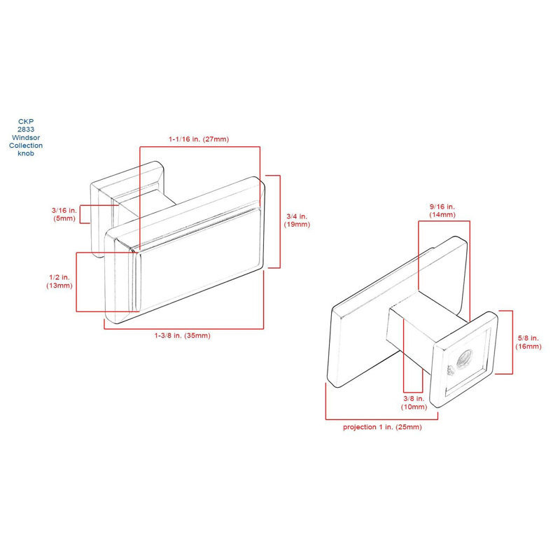 Poignée rectangulaire de 1,3 po de longueur, Laiton satiné