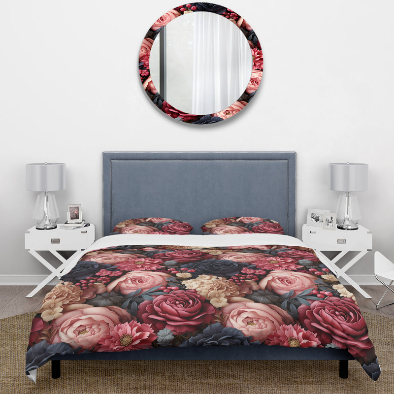 Victorian Rose Lavish Floral Motif - Ensemble de housse de couette floral, Housse de couette pour très grand lit et 2 très