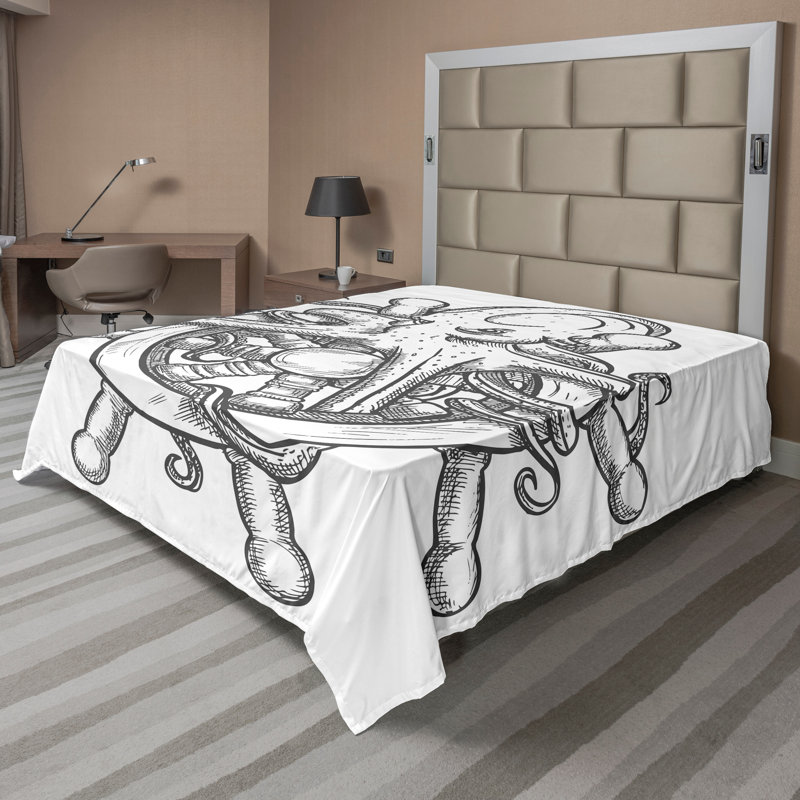 «Ambesonne» Octopus, plateau, drap plat, croquis, voilier, roue, noir, blanc, Drap plat pour très grand lit californien