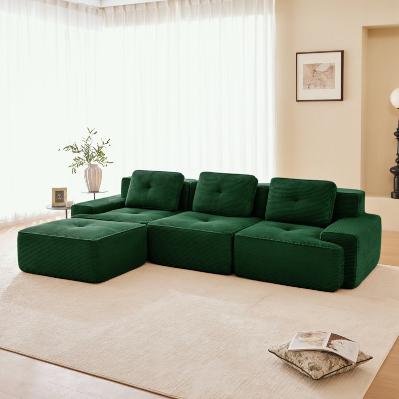 Canapé modulaire en L en velours côtelé avec siège profond et repose-pieds mobile, Velours côtelé vert