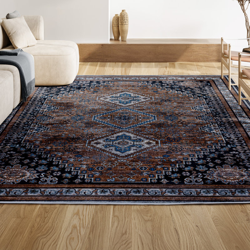Dalyan Geometric Medallions Machine-Washable Brown/Blue/Grey Rug, Rectangle 7'10" x 10'