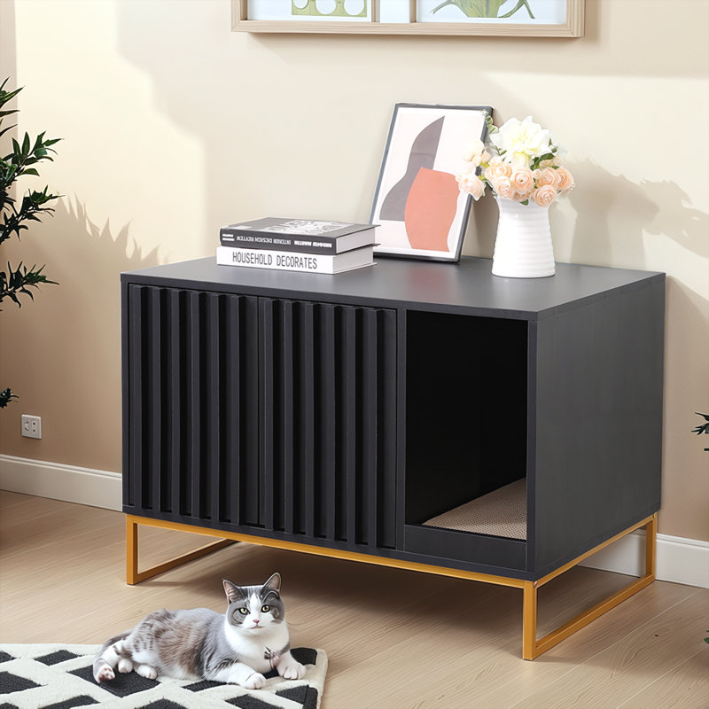 32'' Black Modern Cat Litter Box Enclosure, Black