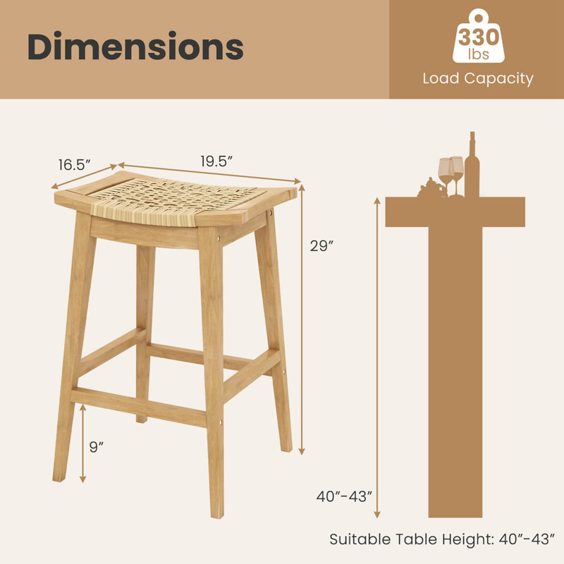 1 Pcs 29" Teak Wood Bar Stool With Footrest & Saddle Seat Boho Bar Height Stool, 4