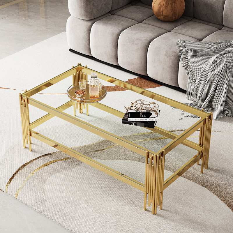Table basse de luxe en verre trempé à double couche dans un cadre doré, miroir en acier inoxydable, plus d'options de rangement, facile à nettoyer, instructions d'installation rapide